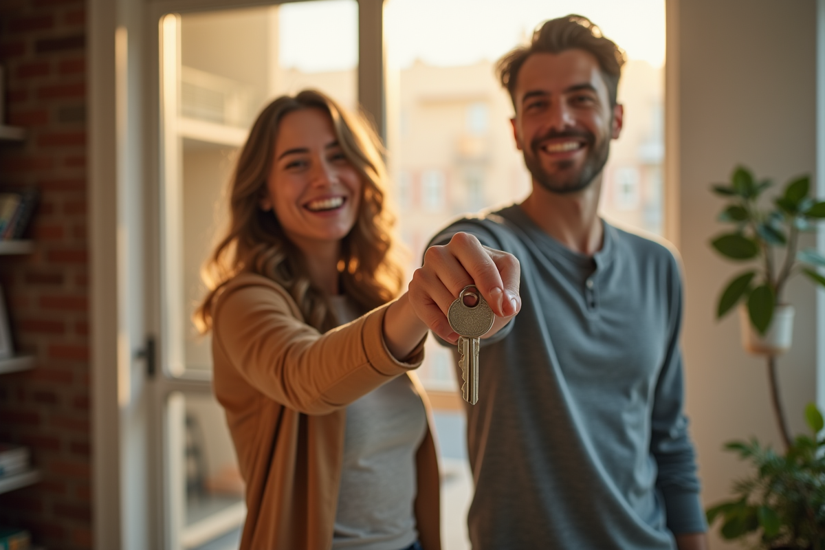 Jeune couple souriant tenant des clés devant un appartement lumineux