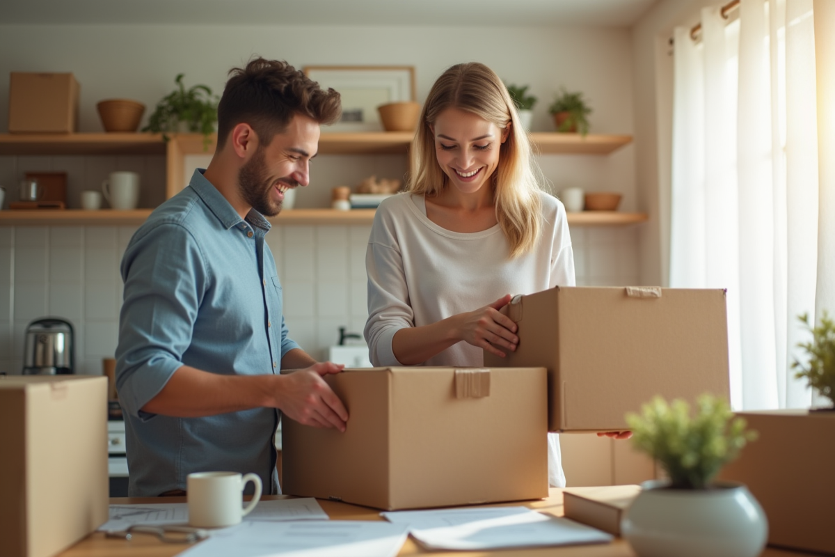 Jeune couple déballant des cartons dans un appartement lumineux