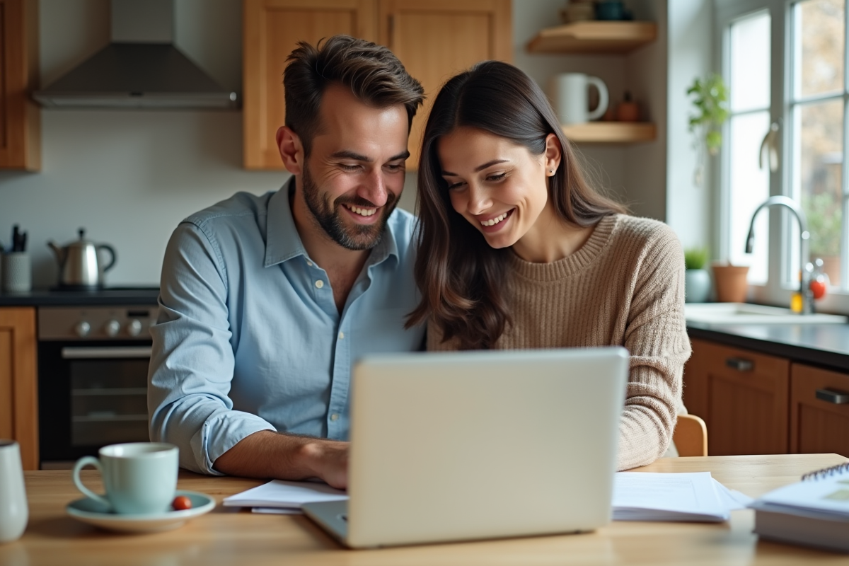 Jeune couple discutant de prêt immobilier à la cuisine lumineuse