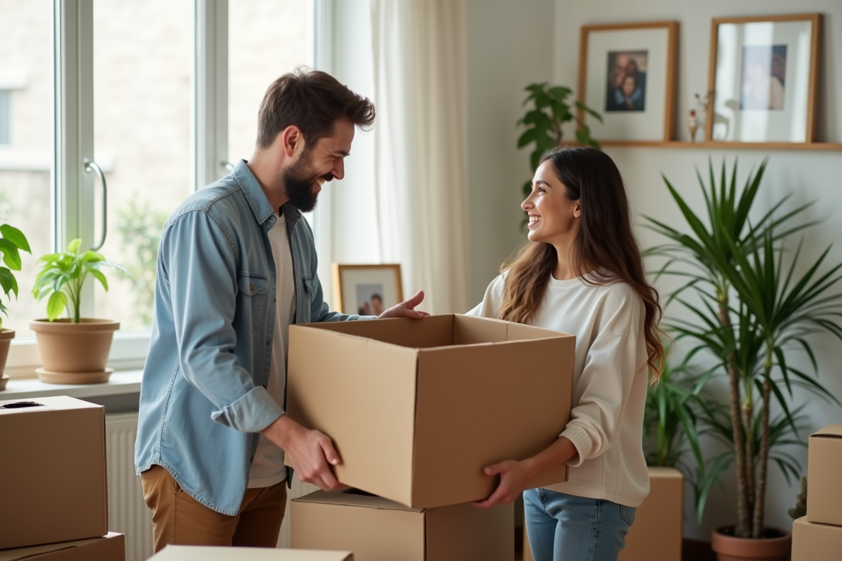 Jeune couple souriant emballant des cartons dans un salon lumineux