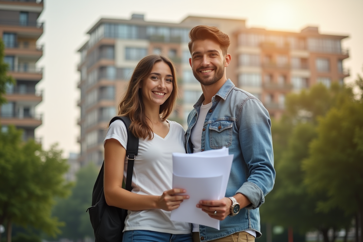 Jeune couple souriant avec clés devant immeuble urbain en matinée