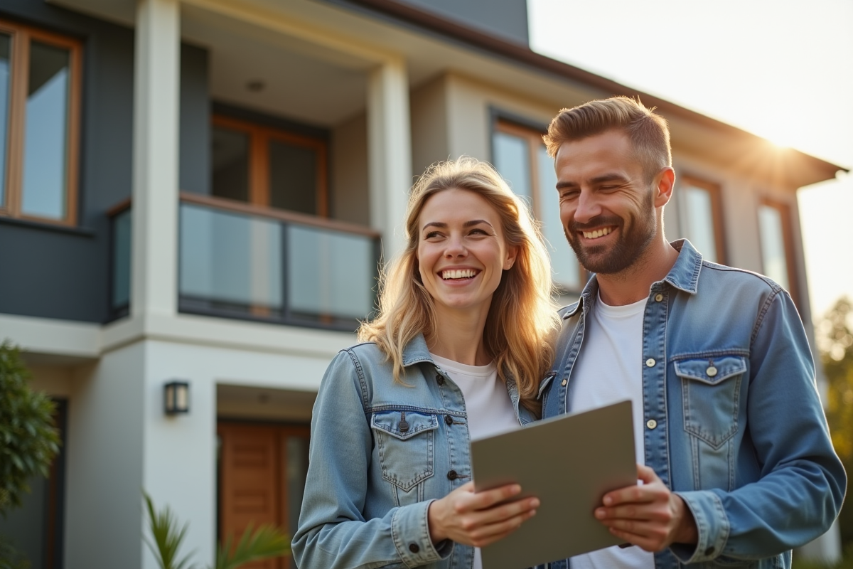 Jeune couple souriant devant leur maison neuve avec clés