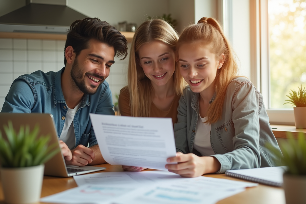 Jeune couple examinant des papiers de revenus locatifs à la maison