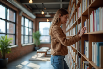 Jeune femme arrangeant des livres dans un loft lumineux
