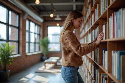 Jeune femme arrangeant des livres dans un loft lumineux