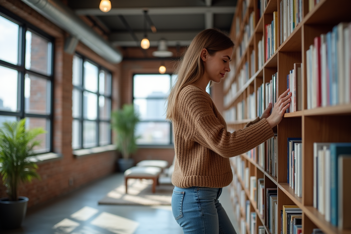 Jeune femme arrangeant des livres dans un loft lumineux