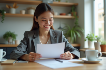 Jeune femme en blazer examine documents de location d'appartement