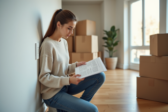 Jeune femme examine un panneau électrique dans un salon