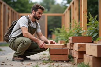 Jeune homme examine un échantillon de bois écologique en extérieur