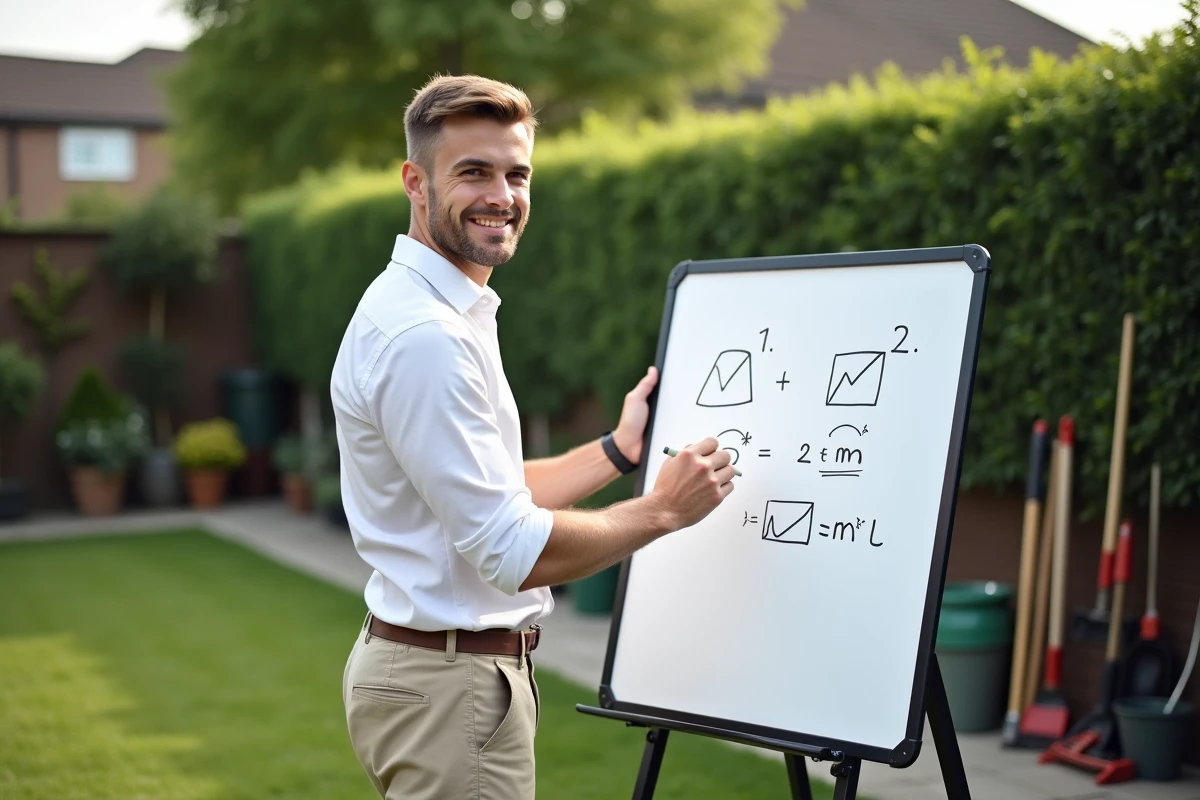 Jeune homme dessinant des formes g&eacute;om&eacute;triques en ext&eacute;rieur