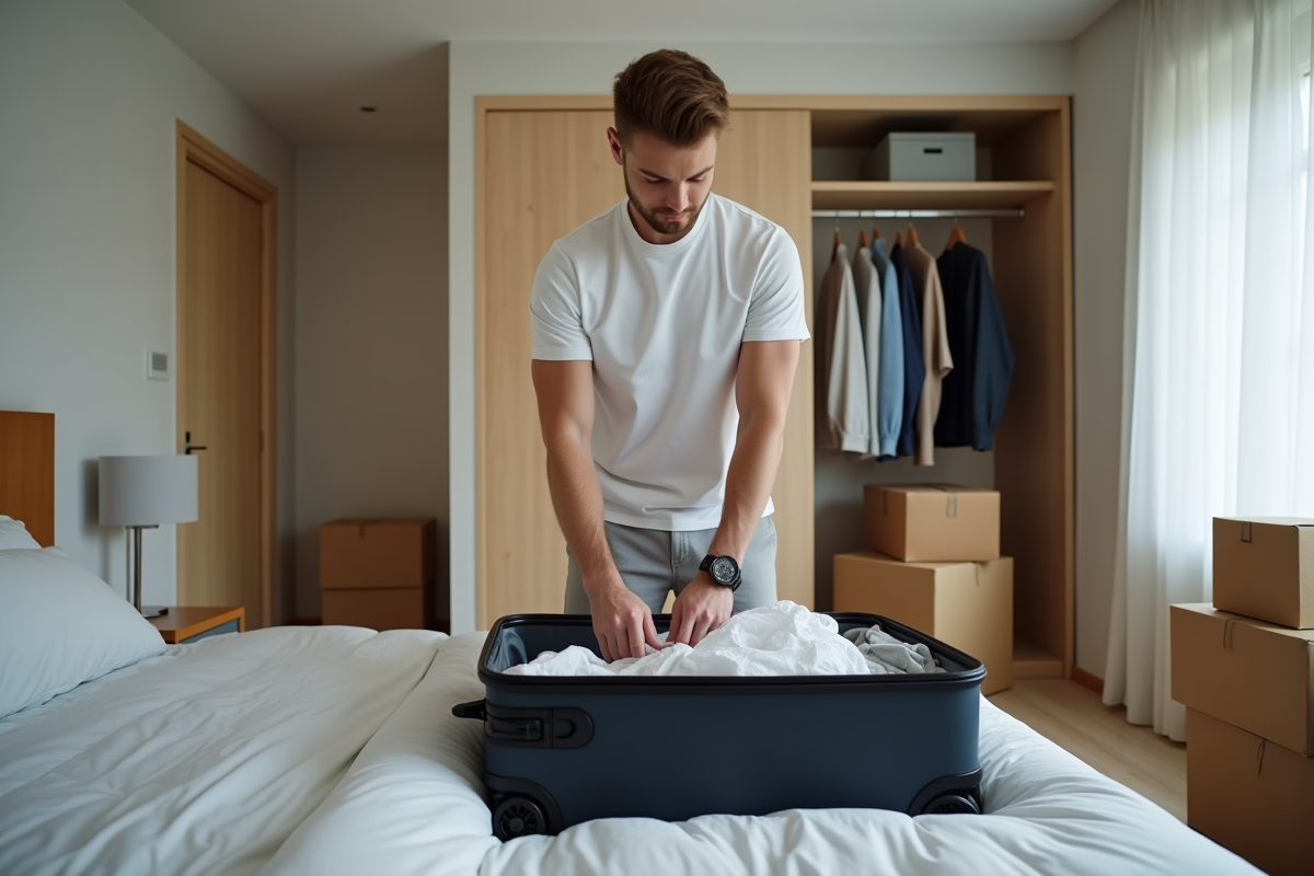 Jeune homme pliant des vêtements dans une chambre moderne