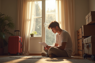 Jeune locataire inquiet dans un salon lumineux avec documents