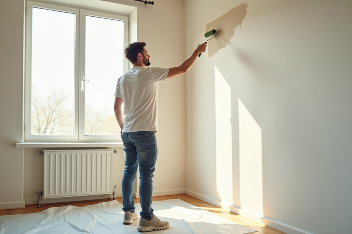 Jeune locataire peignant un mur dans un appartement moderne