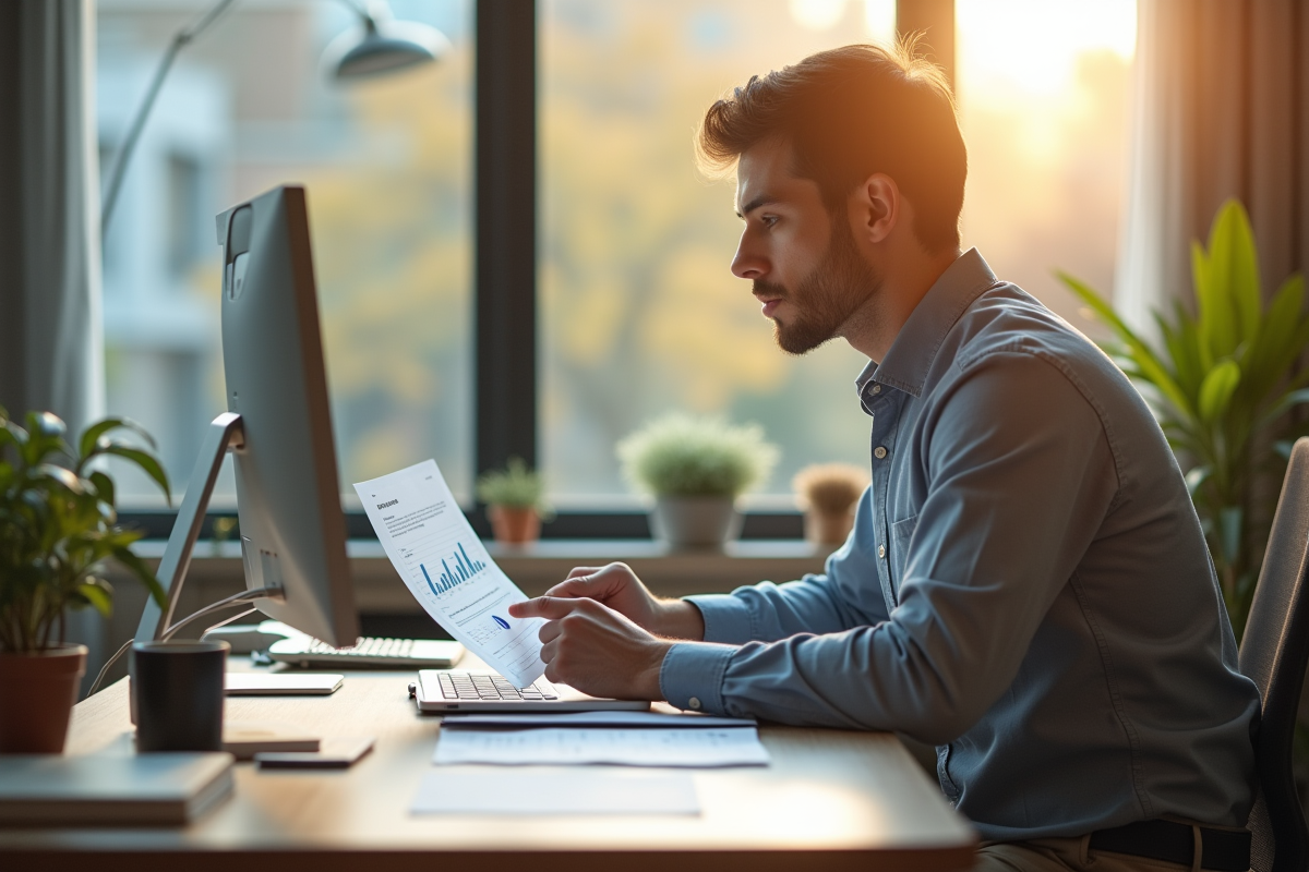 Jeune professionnel analysant des documents financiers dans un salon lumineux