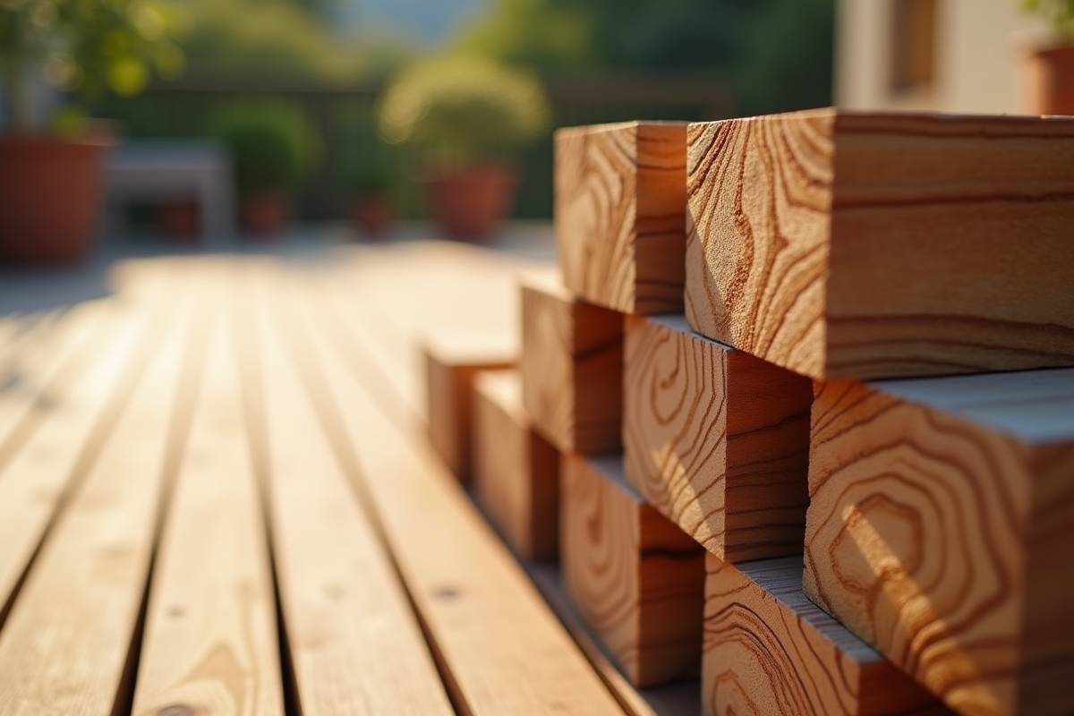 Gros plan sur des lames de bois pour terrasse extérieure