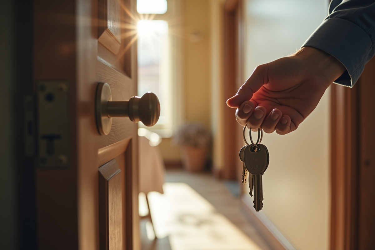Propriétaire avec clés devant porte d appartement lumineuse