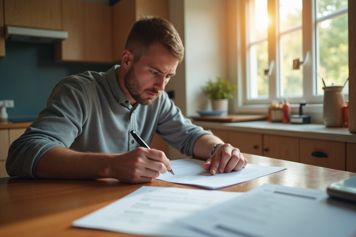 Locataire inquiet tenant papiers et stylo dans la cuisine