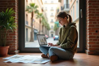 Jeune femme consultant des annonces de location d'appartement à Barcelone près des universités