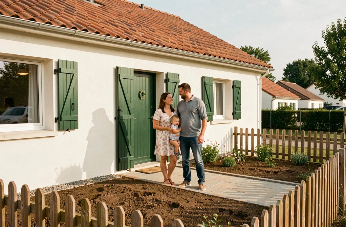 Famille devant une maison neuve livrée par Logis Avenir en Indre-et-Loire