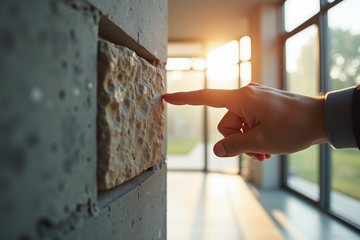 Main d'architecte pointant une clé de voûte en pierre dans un mur moderne