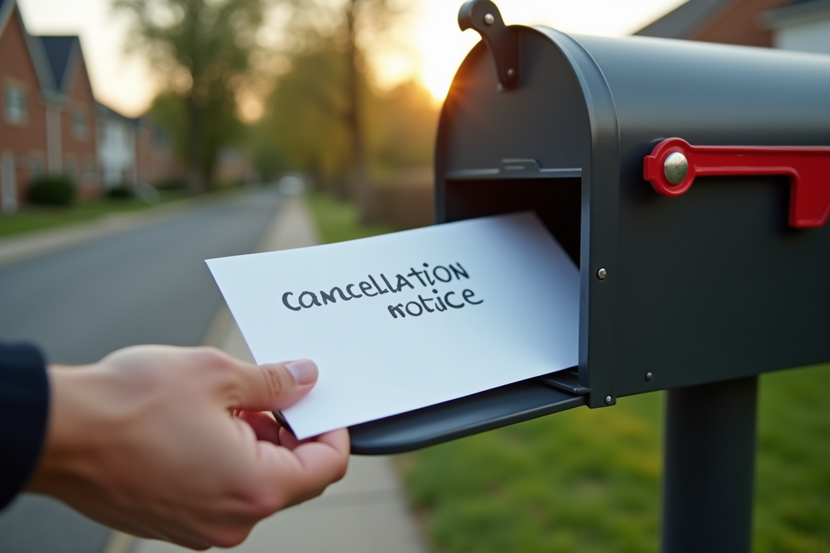 Main déposant une lettre de résiliation dans une boîte aux lettres