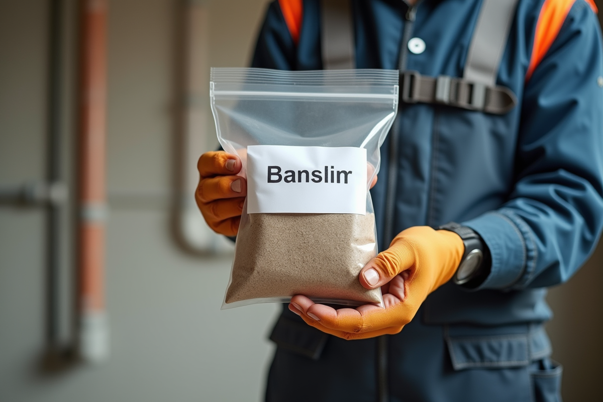 Mains d’un ouvrier tenant un sac plastique avec echantillon de materiau