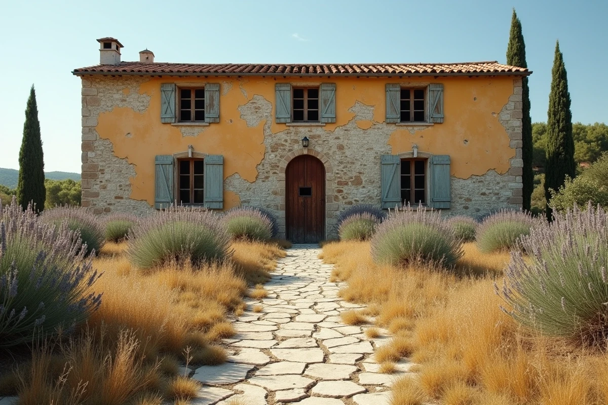 Maison abandonnée en pierre en Provence avec volets délabrés et jardin envahi par la végétation méditerranéenne