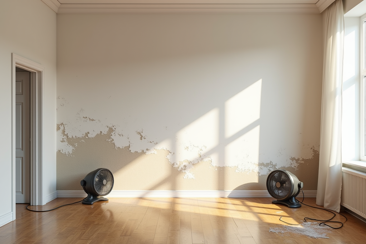 Salon moderne avec mur endommage par l