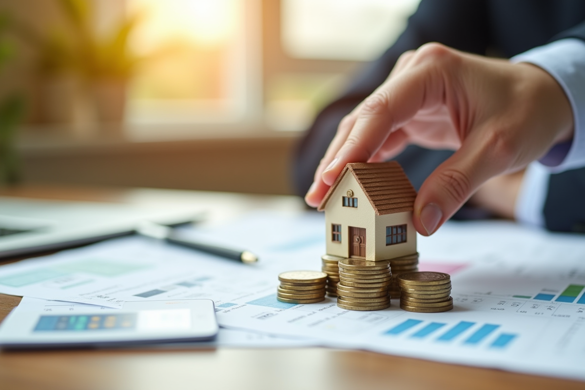 Main posant une maison miniature et des euros sur une table en bois