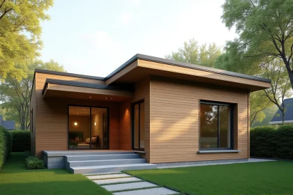 Façade d'une maison moderne de plain-pied en ossature bois avec bardage en cèdre et grandes fenêtres