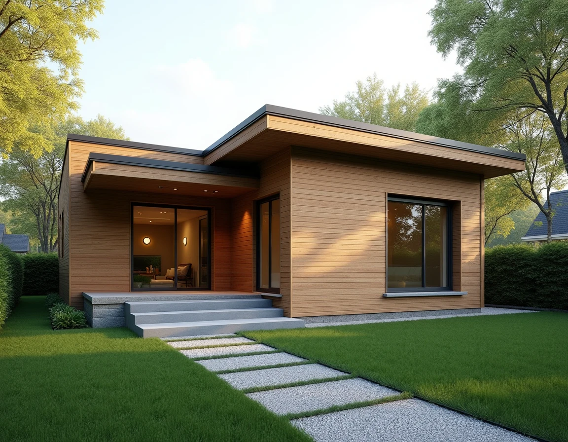 Façade d'une maison moderne de plain-pied en ossature bois avec bardage en cèdre et grandes fenêtres