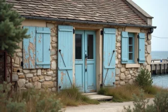 Petite maison de pêcheur en pierre à rénover avec volets bleus écaillés et façade abîmée dans un village côtier français