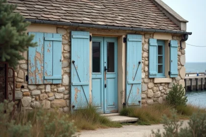 Petite maison de pêcheur en pierre à rénover avec volets bleus écaillés et façade abîmée dans un village côtier français