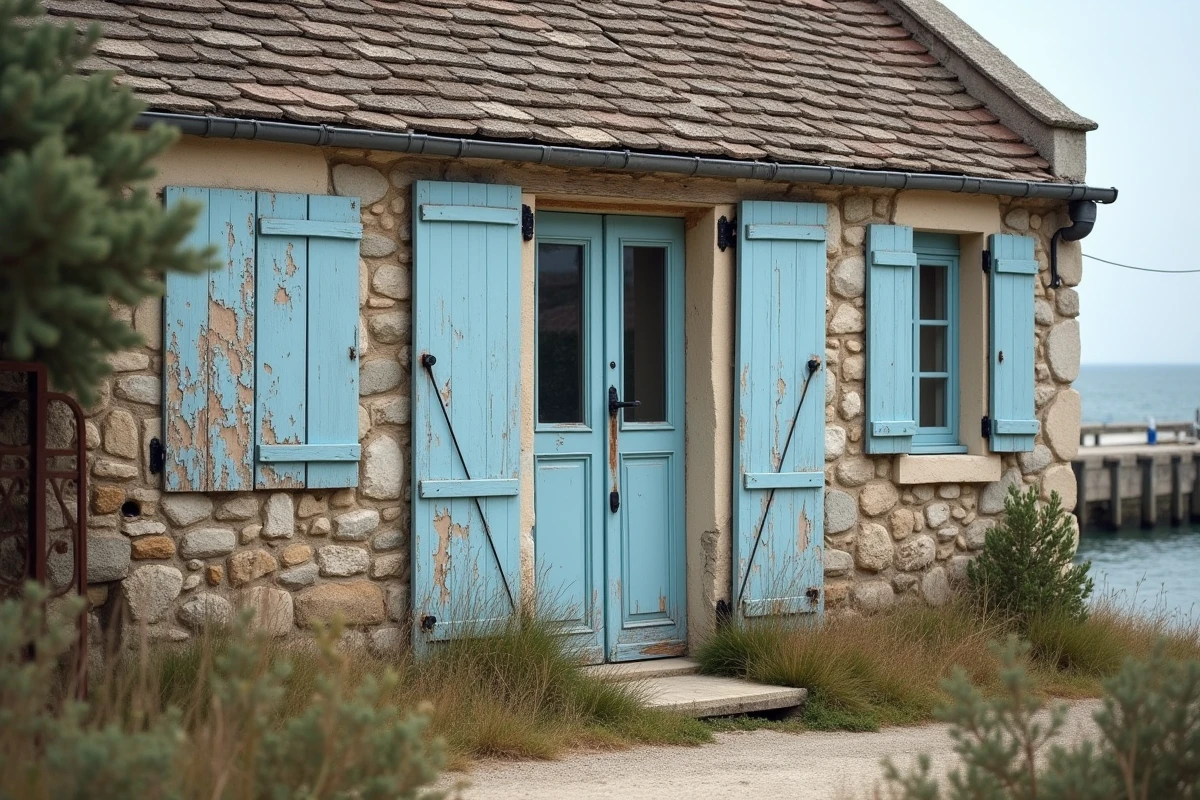 Petite maison de pêcheur en pierre à rénover avec volets bleus écaillés et façade abîmée dans un village côtier français