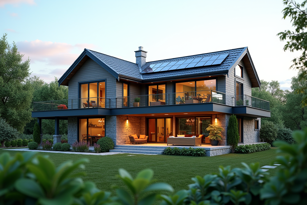 Maison avec panneaux solaires et fenêtres triple vitrage