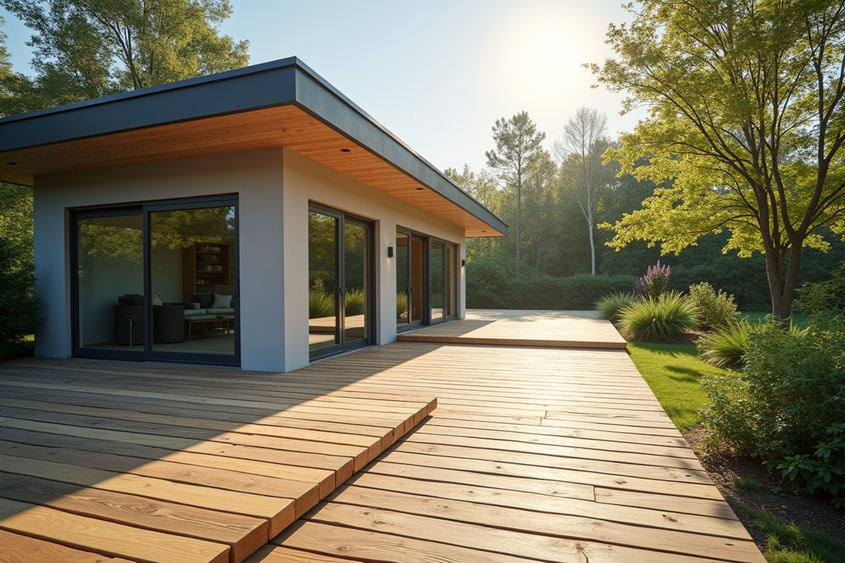 Maison moderne avec terrasse en bois et jardin verdoyant