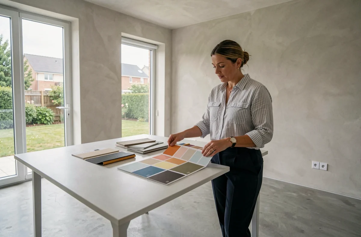 Designer intérieur consultant des échantillons dans une maison neuve construite par Maisons Dréan à Nantes