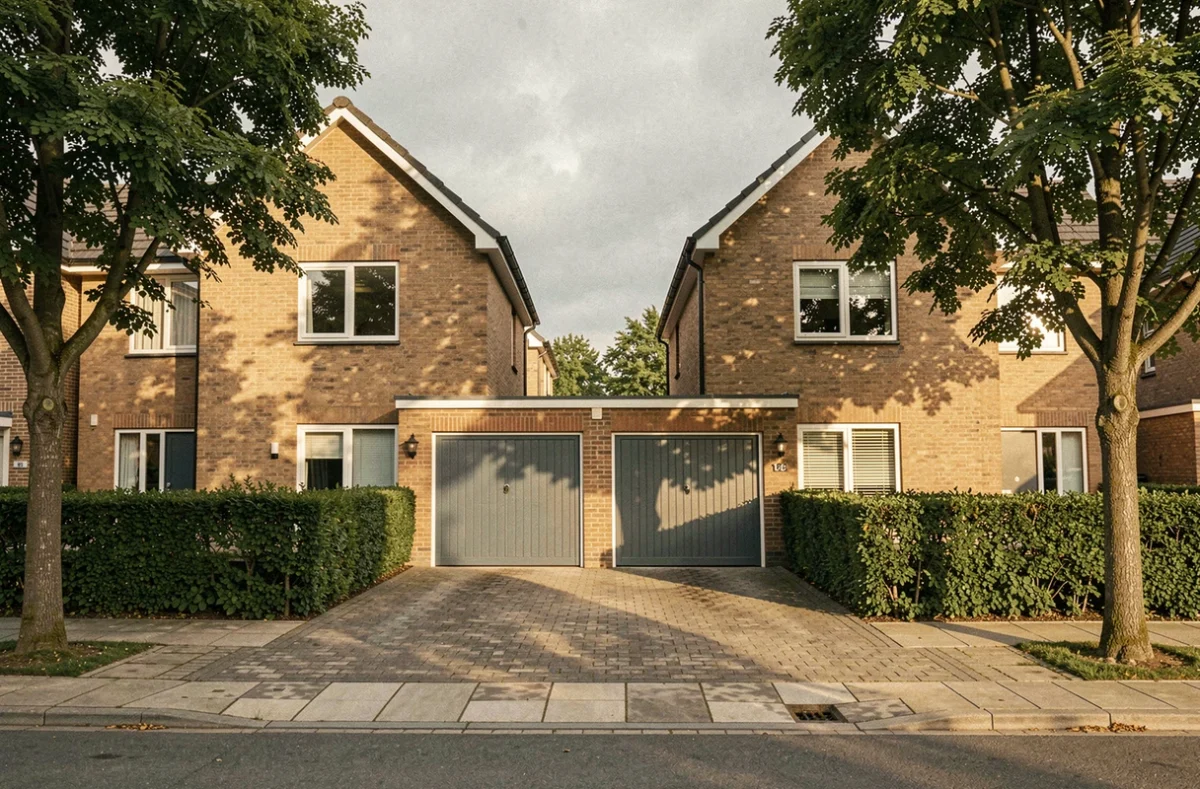 Maisons mitoyennes par le garage avec façades en brique et entrée de cour partagée dans un quartier résidentiel calme