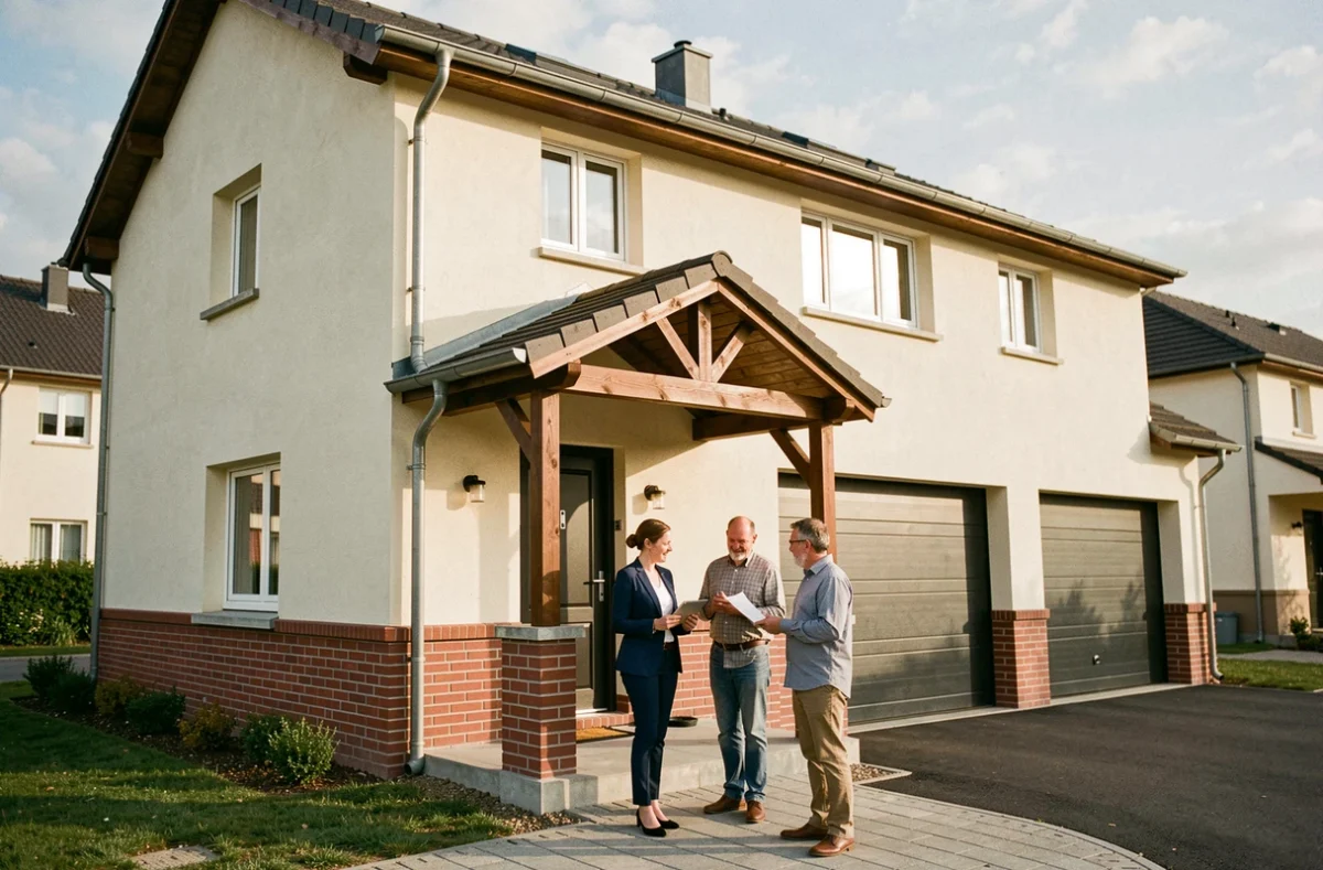 Pavillon construit par Maisons Pierre en Indre-et-Loire avec une représentante commerciale et des clients