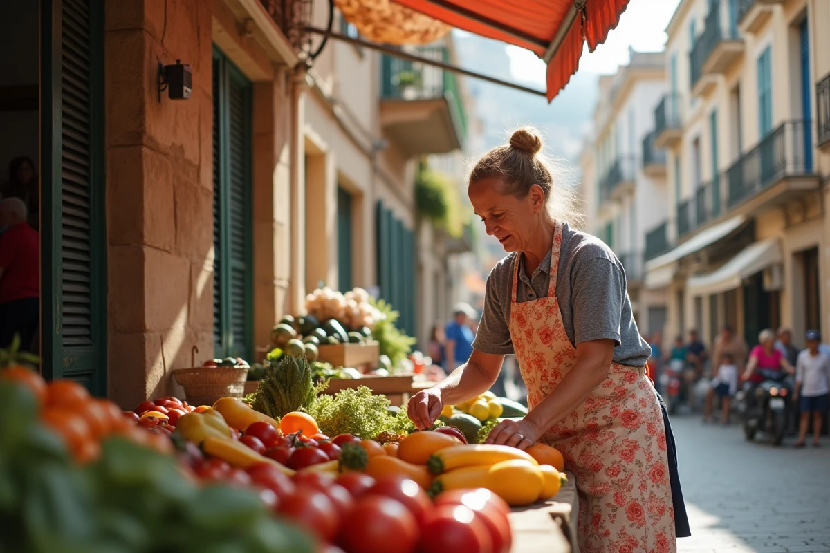Marché de quartier dans le sud de Marseille avec une vendeuse provençale devant des façades calcaires aux volets bleus