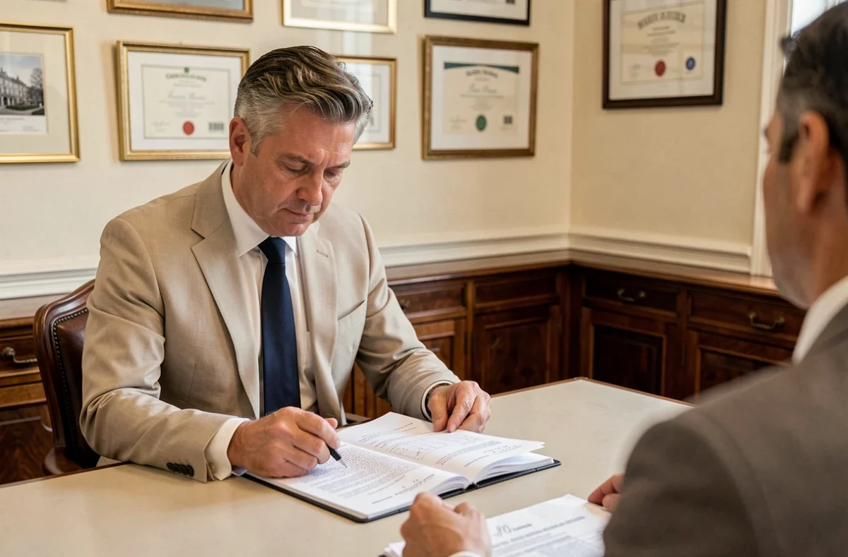 Courtier MB Courtage examinant un dossier de financement immobilier dans un bureau parisien traditionnel