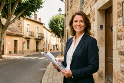 Agent immobilier devant une bâtisse en pierre typique du Tarn-et-Garonne, illustrant le classement des meilleures agences immobilières de la région en 2026