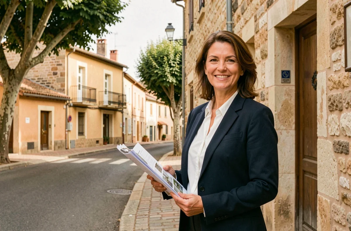 Agent immobilier devant une bâtisse en pierre typique du Tarn-et-Garonne, illustrant le classement des meilleures agences immobilières de la région en 2026