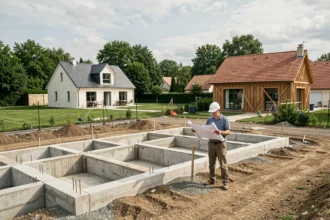 Vue d'ensemble d'un chantier de maison individuelle à Nantes avec un professionnel consultant des plans