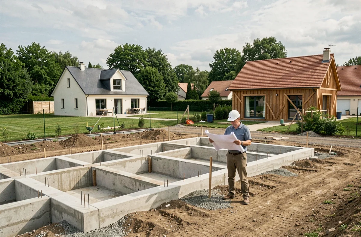 Vue d'ensemble d'un chantier de maison individuelle à Nantes avec un professionnel consultant des plans