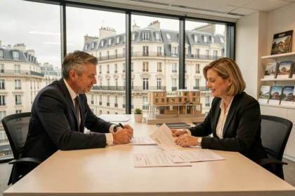 Consultation avec un courtier en prêt immobilier dans un bureau moderne à Paris, vue sur les toits haussmanniens