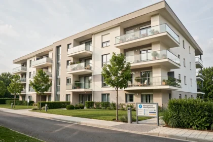 Immeuble de copropriété moderne en Essonne avec espaces verts et entrée de syndic