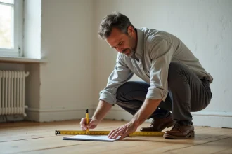Homme mesurant une pièce vide avec un mètre ruban sur parquet en bois, notant les dimensions sur un carnet quadrillé