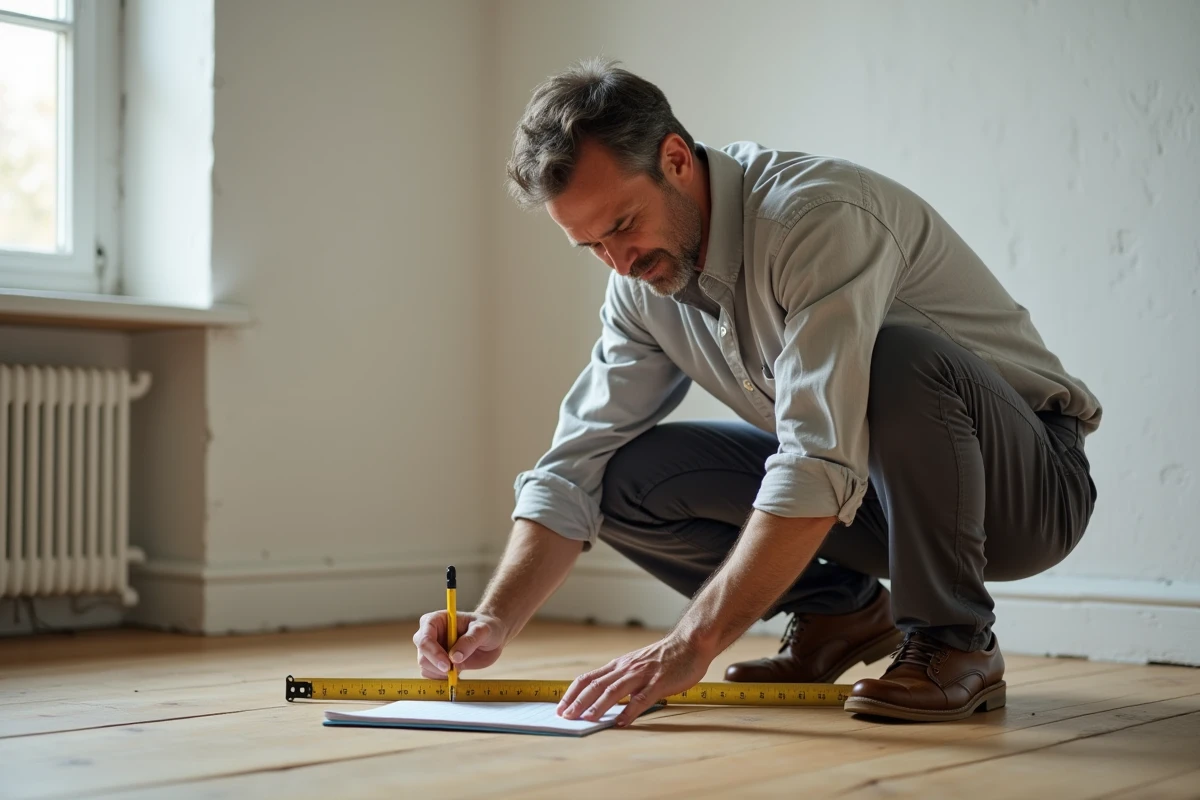 Homme mesurant une pièce vide avec un mètre ruban sur parquet en bois, notant les dimensions sur un carnet quadrillé