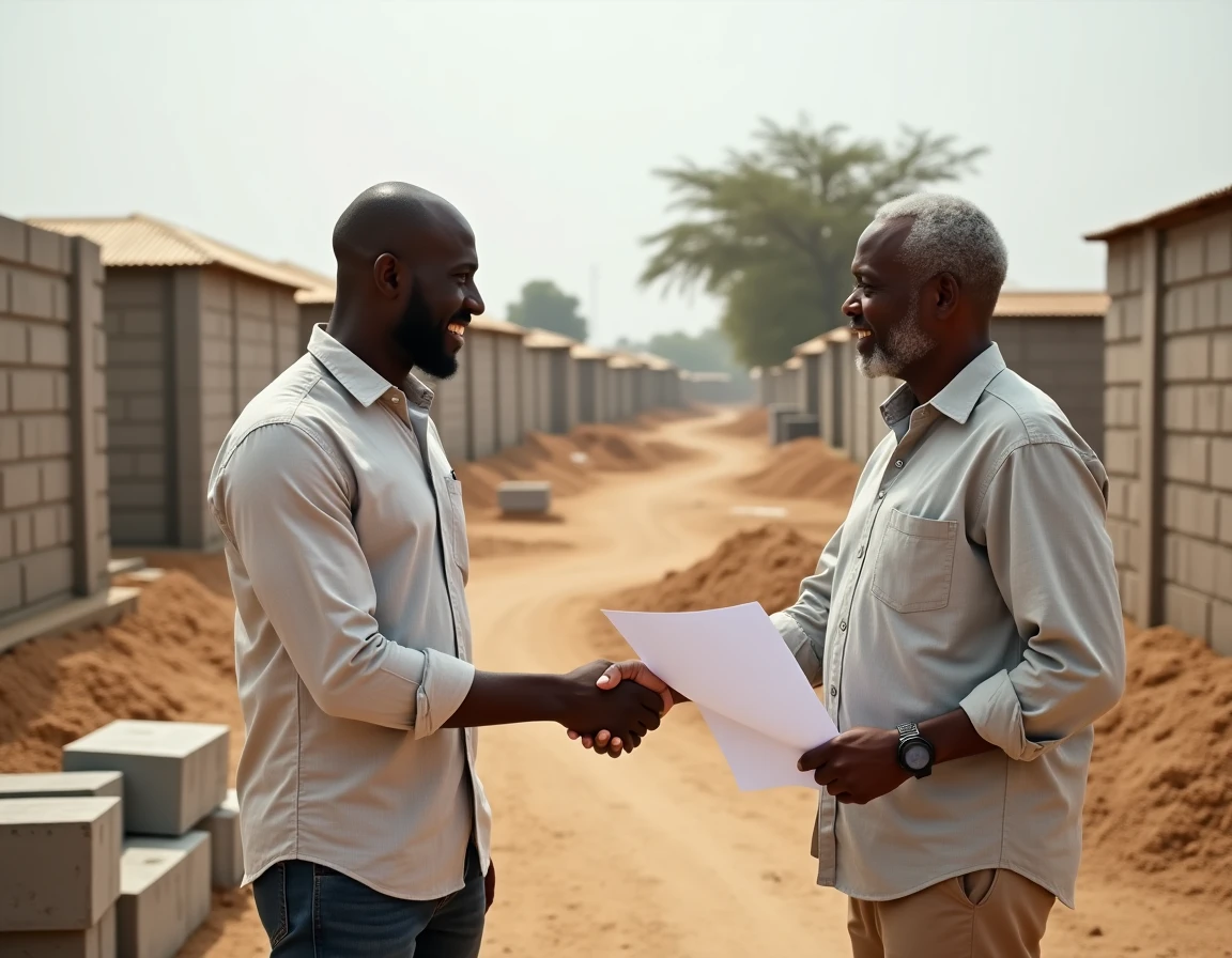 Négociation et signature d'un achat de terrain à Dakar entre vendeur et acheteur sur le site